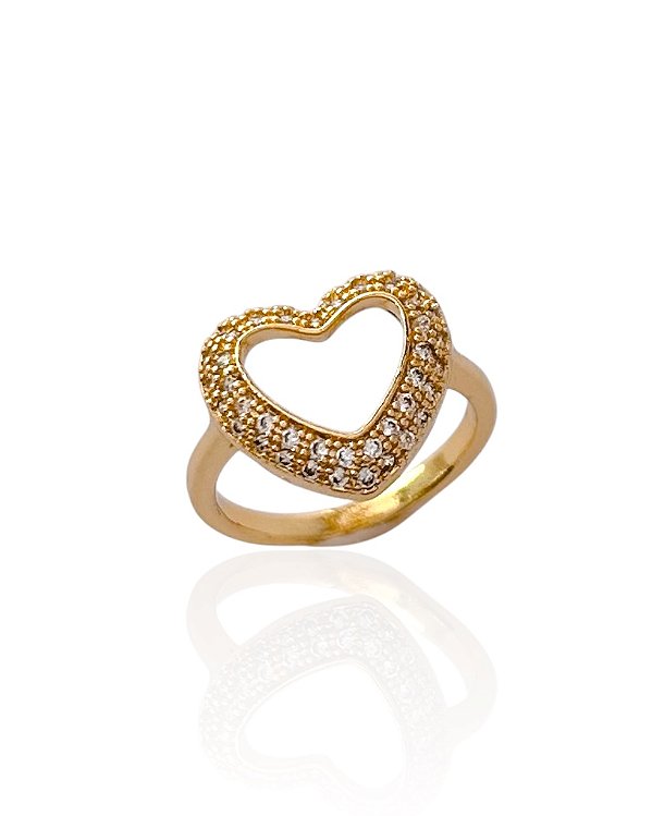 Anel Coração Vazado com Borda Cravejada Cristal - Banho de Ouro 18k