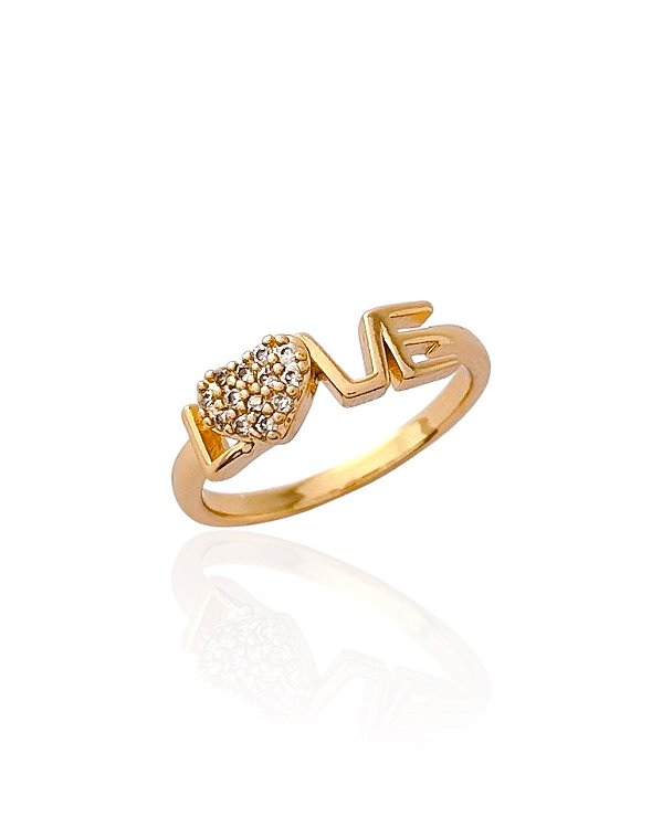 Anel Love com Coração Cravejado Cristal - Banho de Ouro 18k