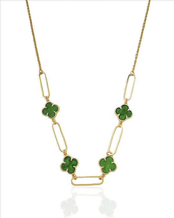 Colar Chocker Elos Trevo Resina Verde Perolado 40cm - Banho Ouro 18k