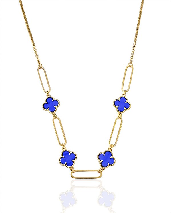 Colar Chocker Elos Trevo Resina Azul Perolado 40cm - Banho Ouro 18k