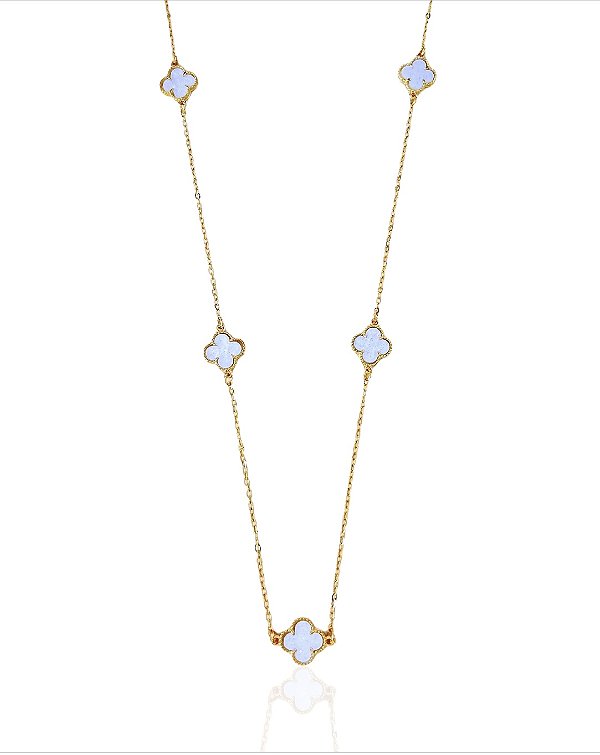 Colar 5 Trevo Resina Branca Perolado 60cm - Banho Ouro 18k