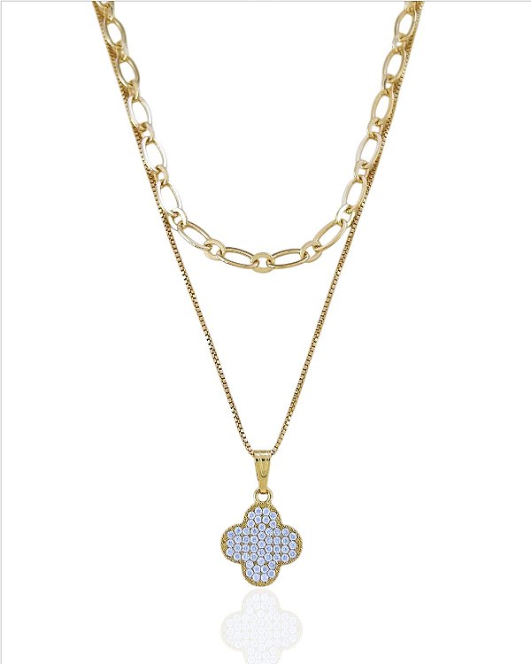 Colar Duplo com Pingente de Trevo Cravejado 40cm - Banho Ouro 18k