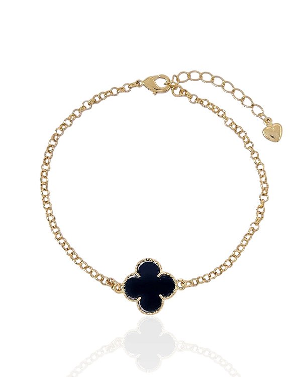 Pulseira Trevo Resina Preto Elo Português - Banho Ouro 18k