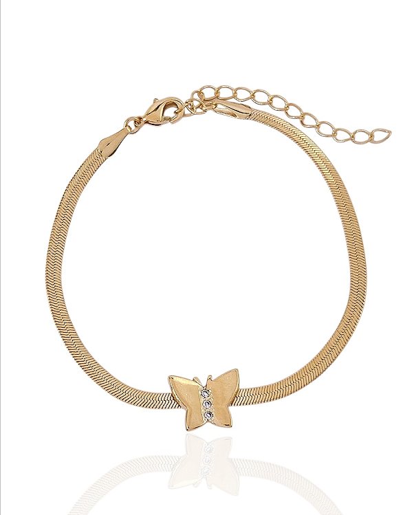 Pulseira Borboleta Com Micro Zircônias Fita 17cm - Banho de Ouro 18k