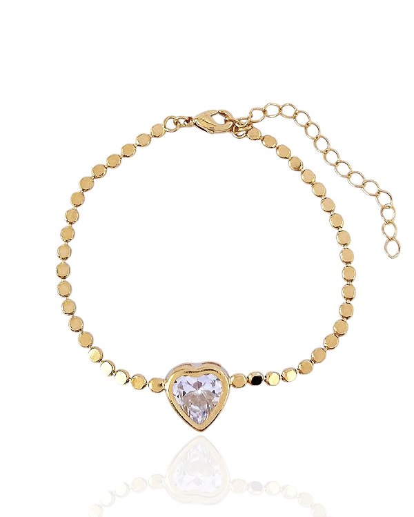 Pulseira Medalhas com Coração Zircônia 16cm - Banho de Ouro 18k