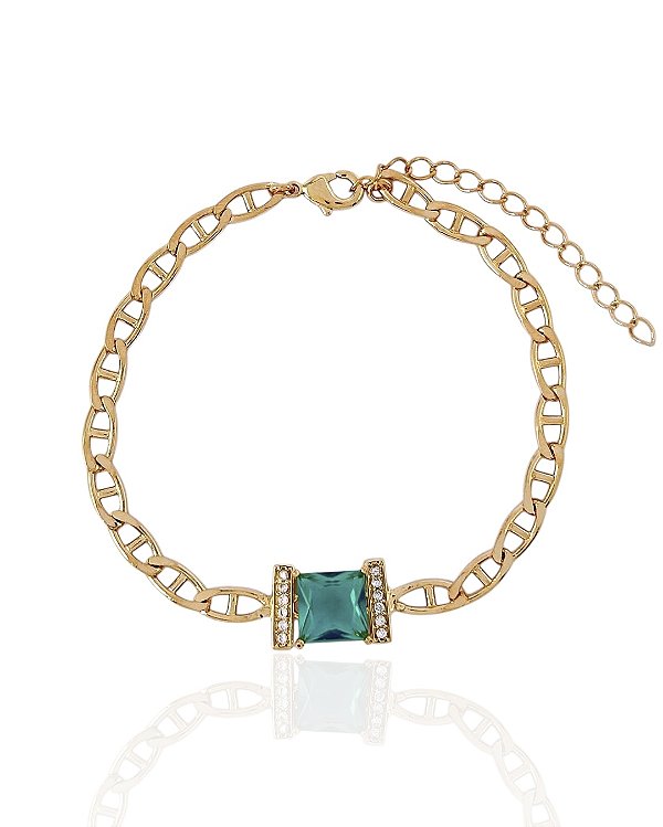 Pulseira Piastrine com Zircônia Quadrada Esmeralda e Micro Zircônias 17cm - Banho de Ouro 18k