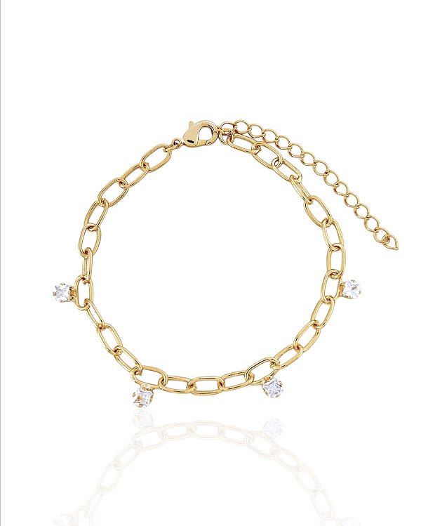 Pulseira Elo Oval com 4 Zircônias Quadrada Lateral 16cm - Banho de Ouro 18k