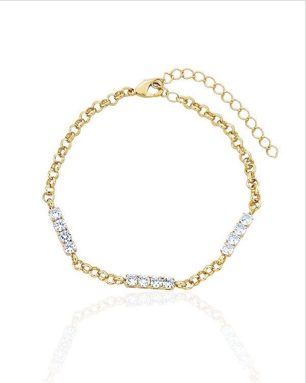 Pulseira Cravejado Cristal Elo Português 16cm - Banho de Ouro 18k