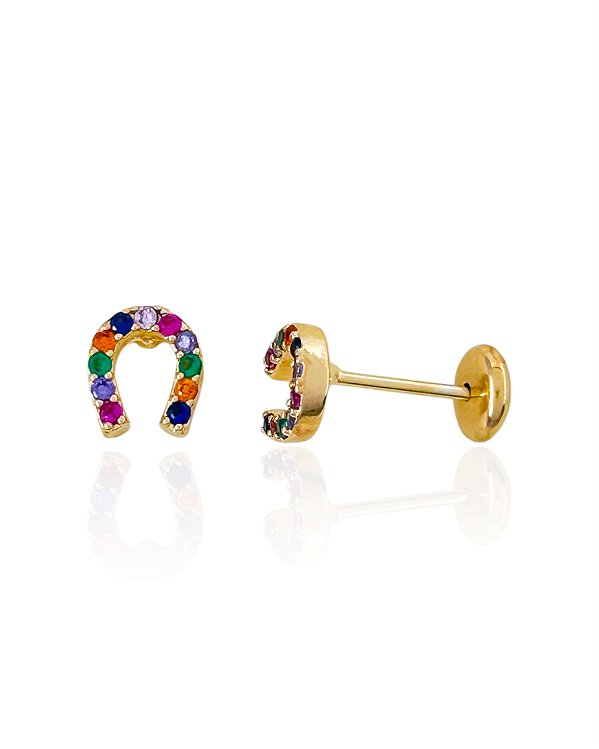 Brinco Infantil Ferradura Cravejada Colorida - Banho de Ouro 18k
