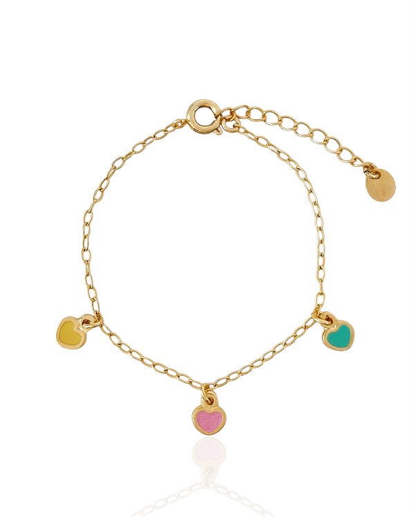 Pulseira Infantil 3 Corações Resina Colorida - Banho de Ouro 18k