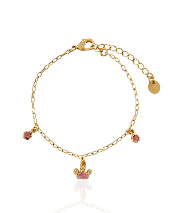 Pulseira Infantil Coroa Resina Rosa com Ponto de Luz - Banho de Ouro 18k