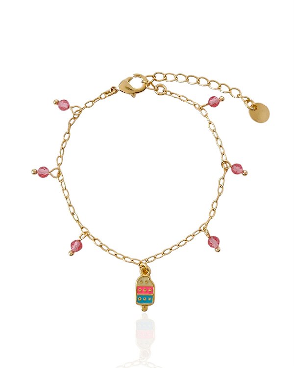 Pulseira Infantil Picolé Resinado com Cristal - Banho de Ouro 18k