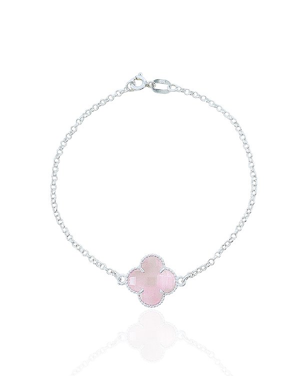 Pulseira Trevo Resina Rosa Elo Português - Prata 925