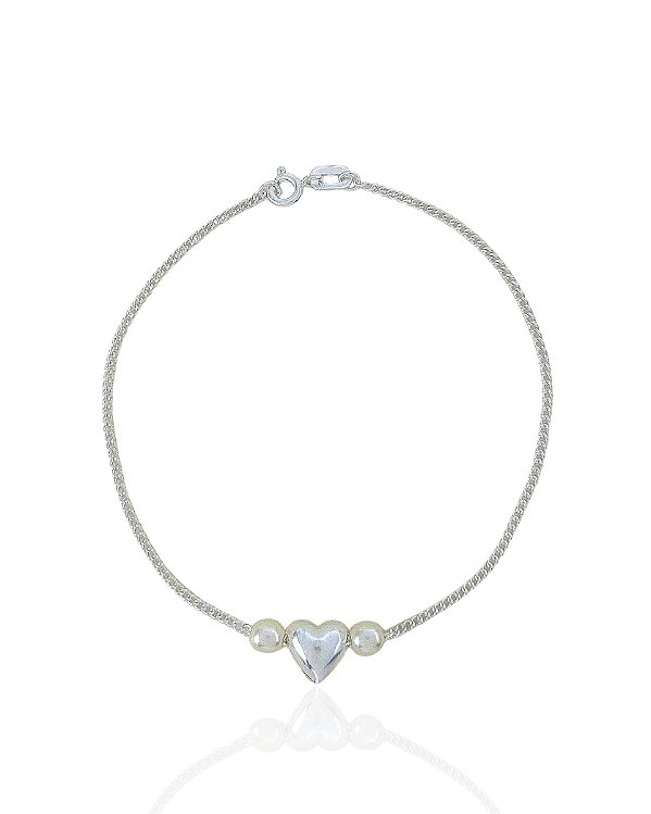Pulseira Coração com Duas Pérolas - Prata 925