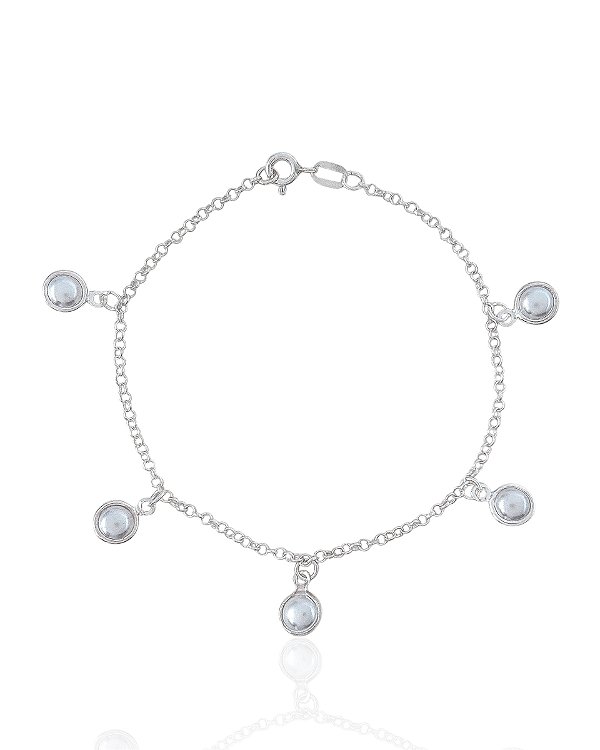 Pulseira Elo Português com 5 Pérolas Penduradas - Prata 925