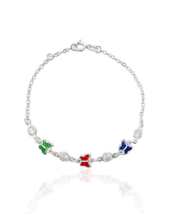 Pulseira Borboletas Coloridas com Pontos de Luz Elo Português - Prata 925