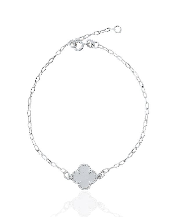 Pulseira Trevo Resina Branco Elo Oval - Prata 925