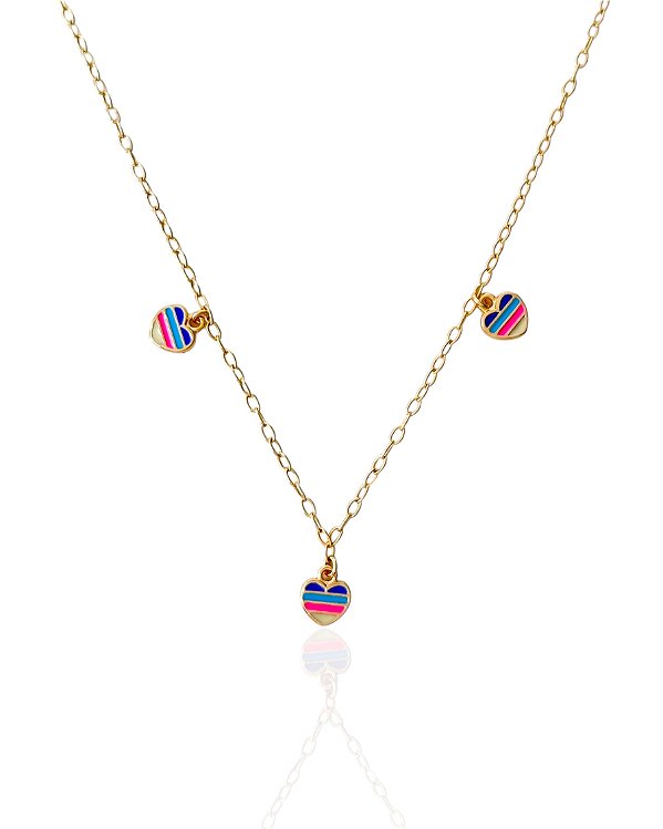 Colar Infantil Corações Coloridos Resinados - Banho de Ouro 18k