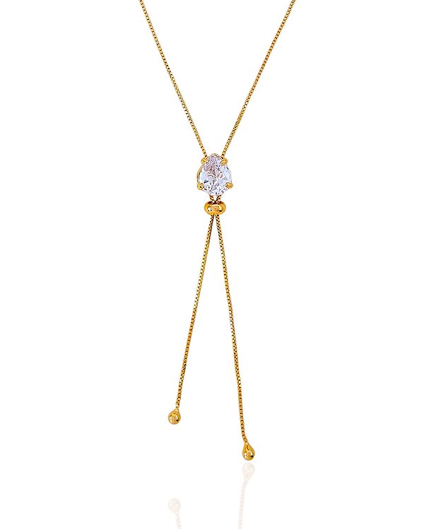 Colar Gravatinha Zircônia Gota Ajustável - Banho de Ouro 18k