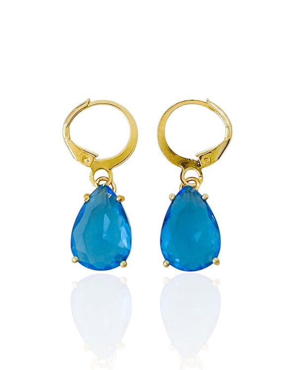 Brinco Argolinha com Pingente Gota Zircônia Azul - Banho de Ouro 18k