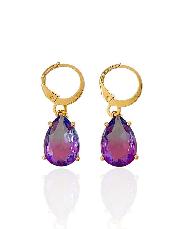 Brinco Argolinha com Pingente Gota Zircônia Roxa - Banho de Ouro 18k