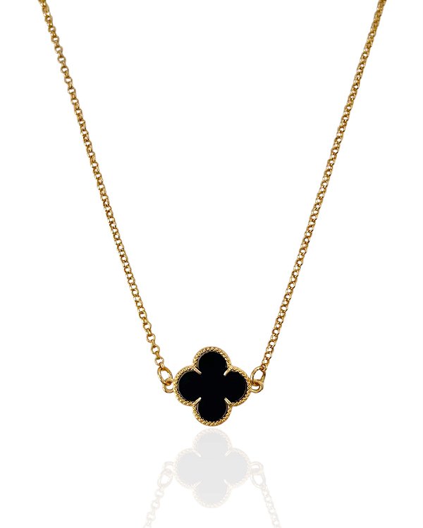 Colar Trevo Resina Preto Elo Português 38cm - Banho Ouro 18k