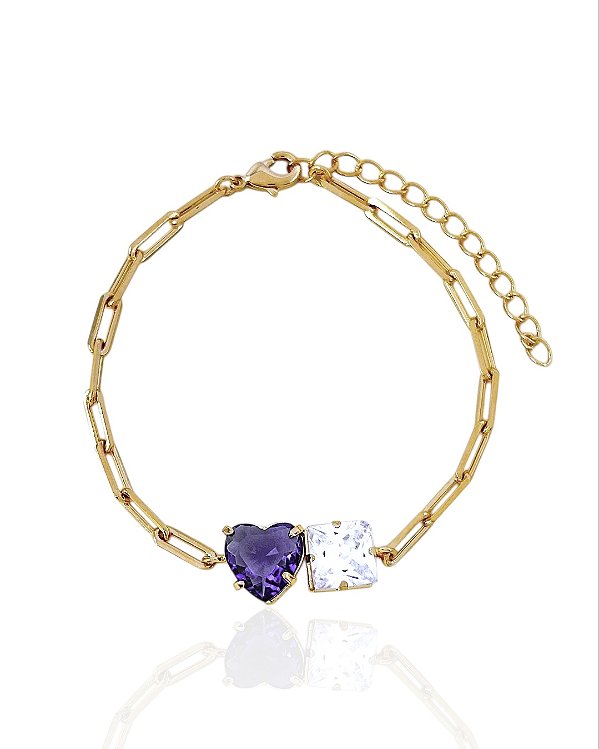 Pulseira Coração Lilás e Zircônia Quadrada Elo Cartier 17cm - Banho de Ouro 18k
