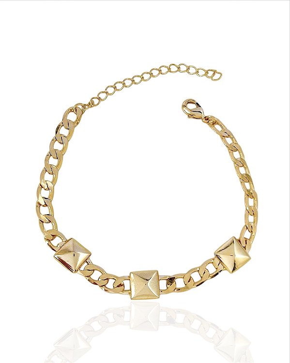 Pulseira Elo Grumet com 3 Spike 17cm - Banho de Ouro 18k