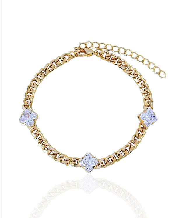 Pulseira Elo Grumet com 3 Zircônia Quadrada 16cm - Banho de Ouro 18k
