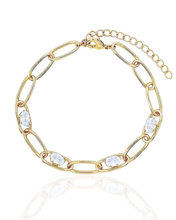 Pulseira Elo Oval com Zircônias Oval 17cm Banho de Ouro 18k