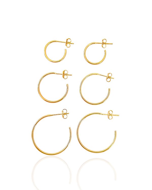 Brinco Trio de Argolinha Lisa Tarraxa - Banho de Ouro 18k