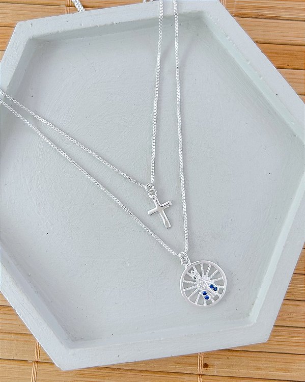 Colar Duplo com Cruz e Medalha de Nossa Senhora Cravejada 45cm + 3cm de Extensor - Prata 925
