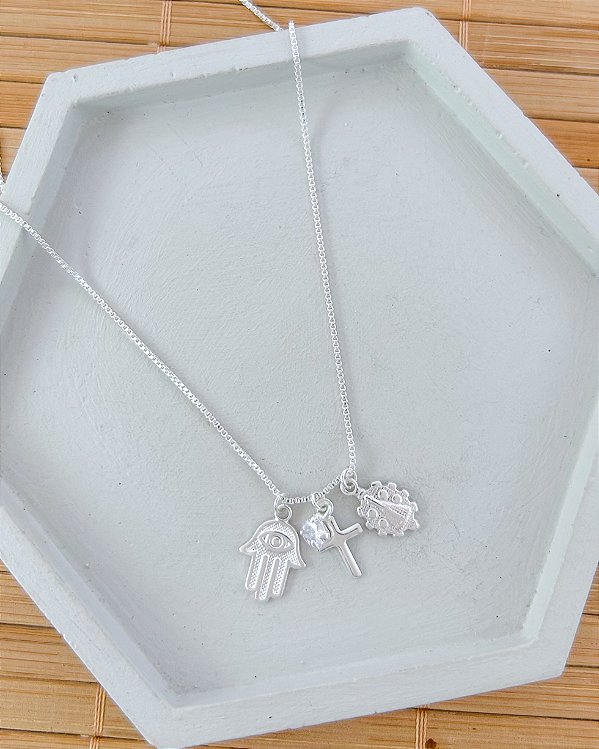 Colar Proteção 2 (Mão de Fatima, Cruz, Medalha de Nossa Senhora) 45cm - Prata 925