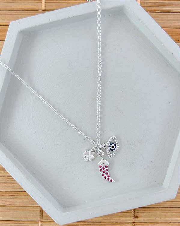 Colar Proteção (Olho Grego, Trevo e Pimenta) 45cm + 3cm Extensor - Prata 925