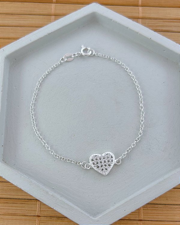 Pulseira Coração Xadrez Cravejado Elo Português 19cm - Prata 925