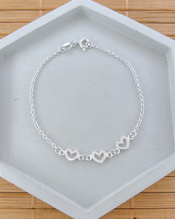 Pulseira 3 Corações Vazados Elo Português 20cm - Prata 925