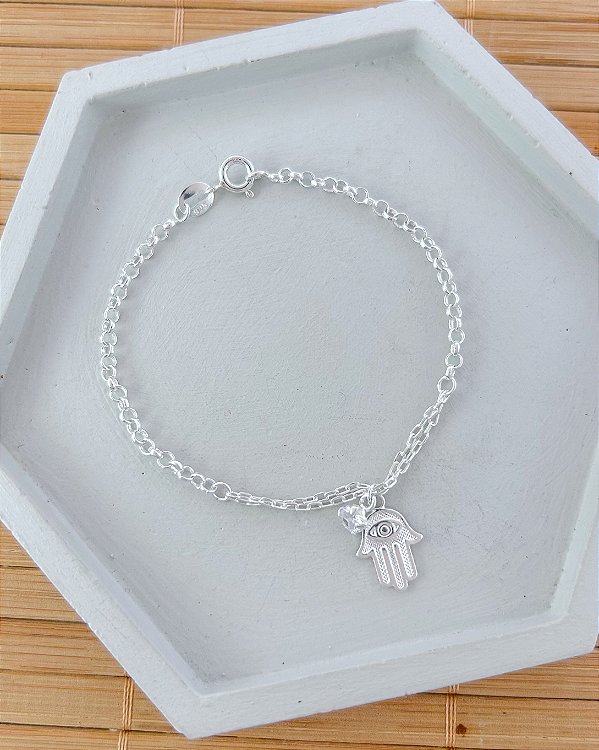Pulseira Mão de Fatima (Hansa) e Ponto de Luz Elo Português 18cm - Prata 925