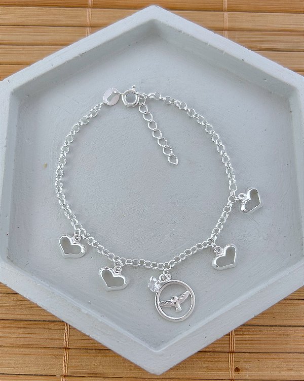 Pulseira Espirito Santo e Corações Vazados Elo Português 17cm + 3,5cm de Extensor - Prata 925
