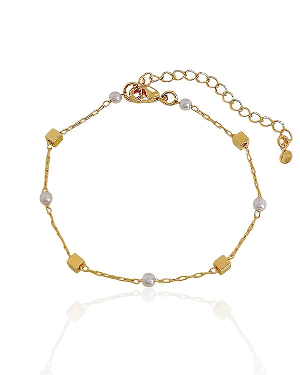 Pulseira Pérolas e Quadrados Lisos 17cm - Banho de ouro 18k