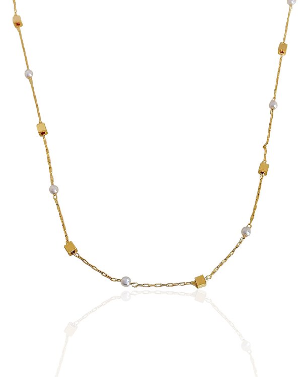Colar Chocker Pérolas e Quadrados Lisos 36cm - Banho de Ouro 18k
