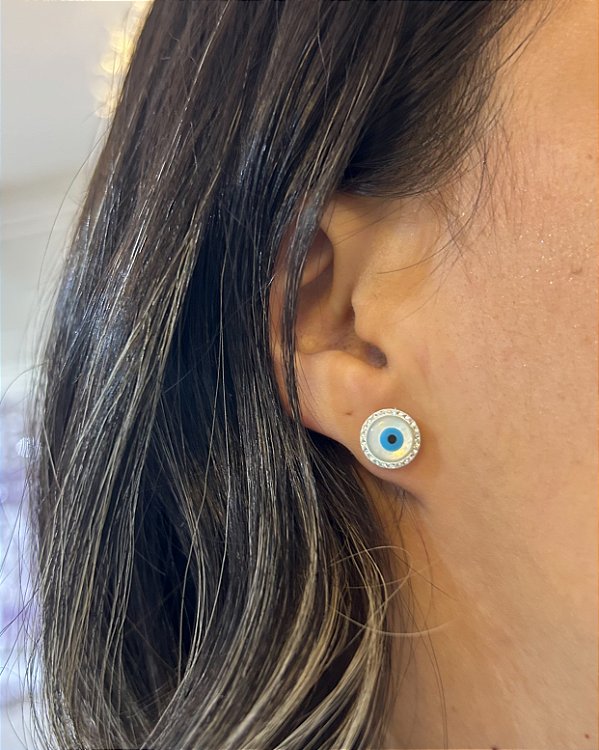 Brinco Olho Grego Cravejado 1cm - Prata 925
