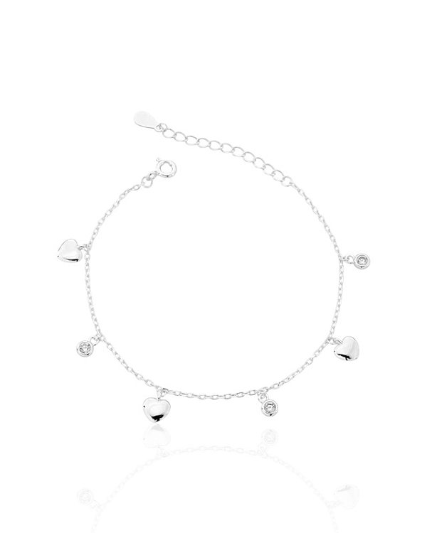 Pulseira 3 Corações e 3 Pontos de Luz Zircônia 16cm - Prata 925