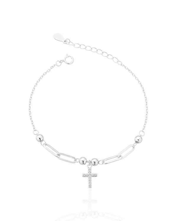 Pulseira Cruz Cravejada + Elos e Bolinhas 16cm - Prata 925