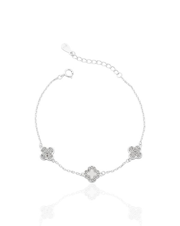 Pulseira Trevo Madrepérola e 2 Trevos Cravejados 16cm - Prata 925
