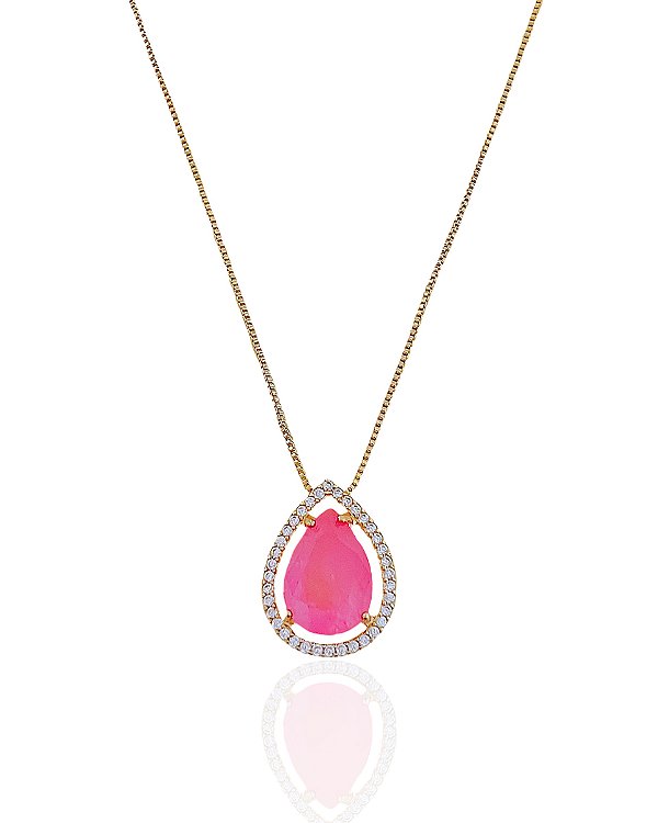 Colar Gota Zircônia Rosa com Borda Cravejada Veneziana 45cm - Banho de Ouro 18k