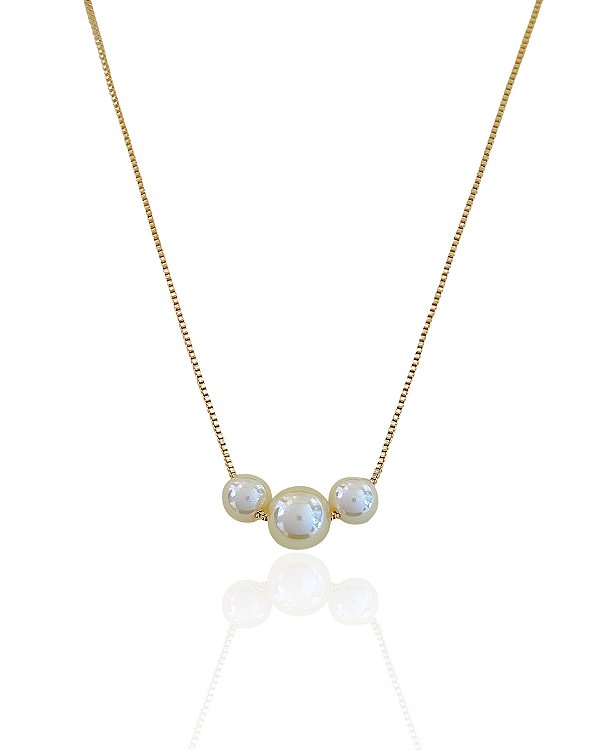 Colar 3 Pérolas 45cm - Banho de Ouro 18k