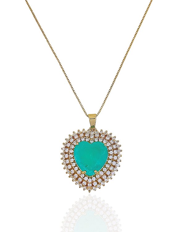 Colar Coração Zircônia Fusion Verde com Borda Cravejada 45cm - Banho Ouro 18k