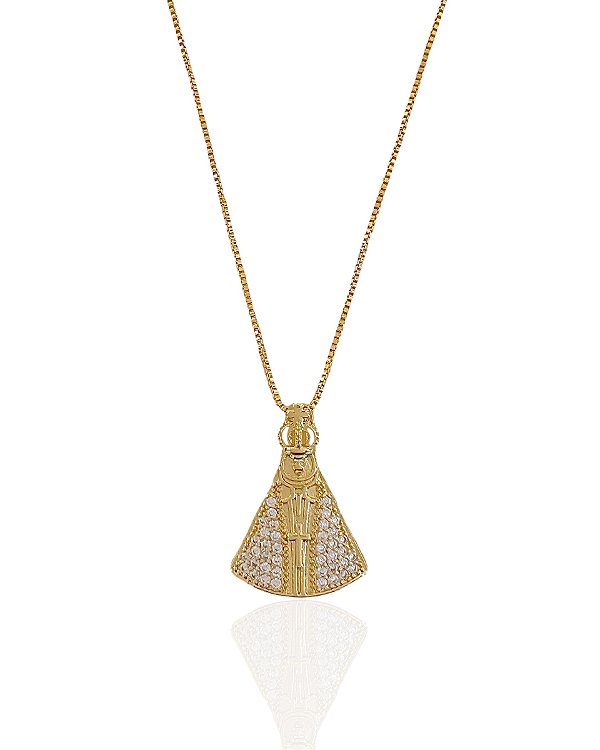 Colar Nossa Senhora Manto Cravejado Cristal 45cm - Banho Ouro 18k
