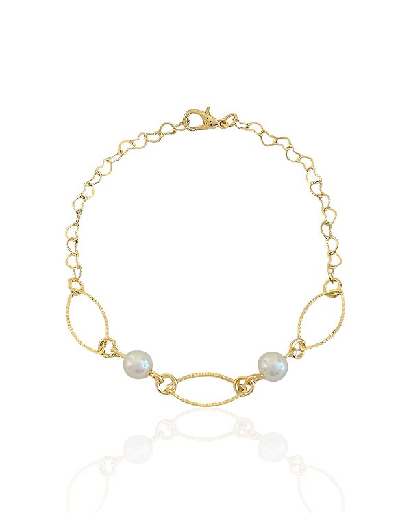 Pulseira Perolas e Elos Vazados 19cm - Banho de ouro 18k