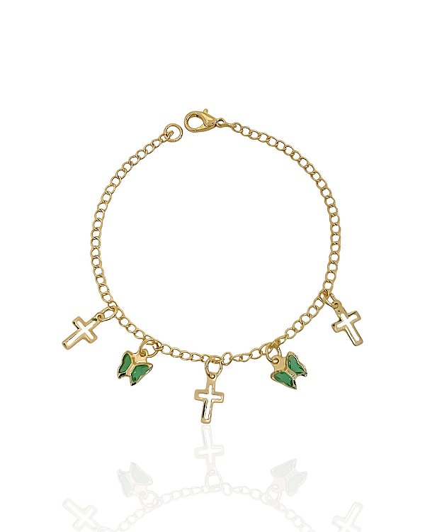Pulseira Cruz Vazada e Borboletas Verde 19cm - Banho de ouro 18k
